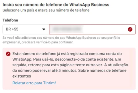 Screenshot: Número já registrado